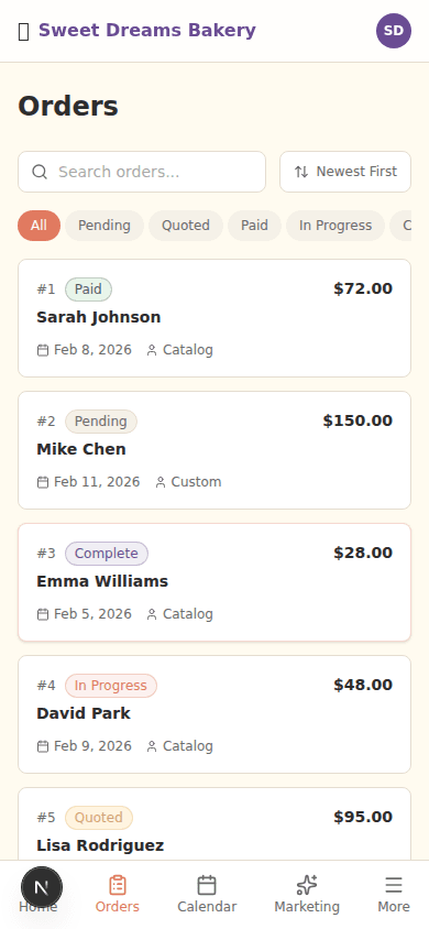 Order management dashboard showing card-based order list